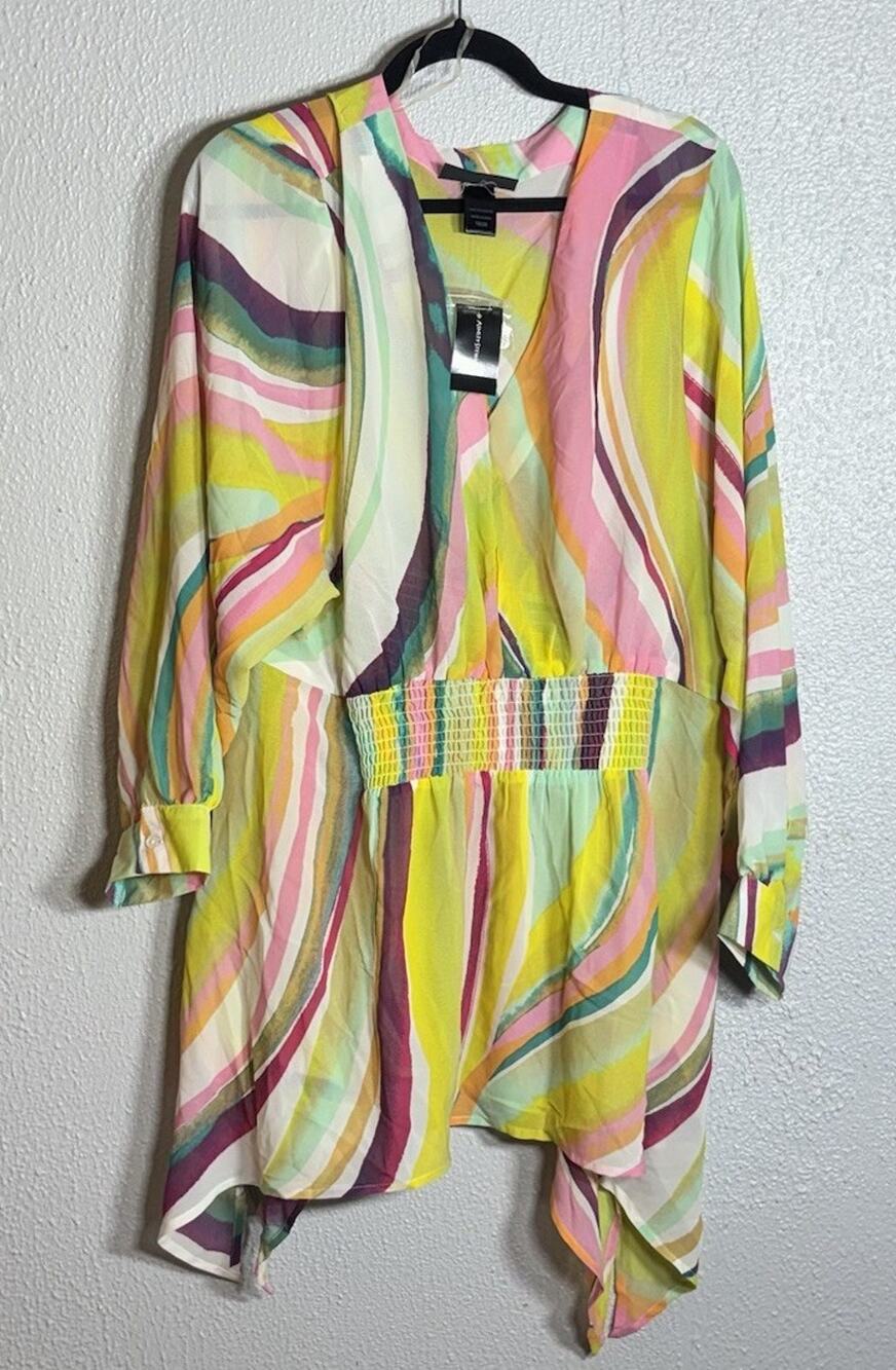 Ashley Stewart Multicolor Abstract Chiffon V-Neck Smocked Dress 18/20
